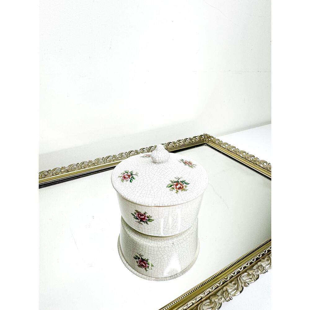Antique Crackle Ceramic lidded Dish with Rose Floral Design